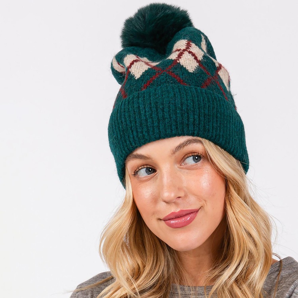 Argyle Pattern Cuffed Beanie With Faux Fur Pom - Lined Inside - One Size Fits Most - 90% Acrylic / 10% Wool view 2