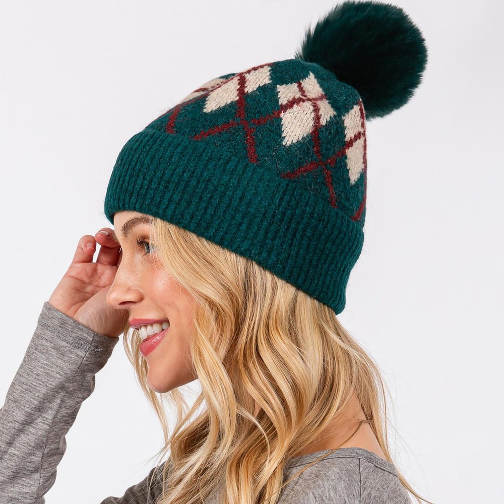 Argyle Pattern Cuffed Beanie With Faux Fur Pom - Lined Inside - One Size Fits Most - 90% Acrylic / 10% Wool view 4