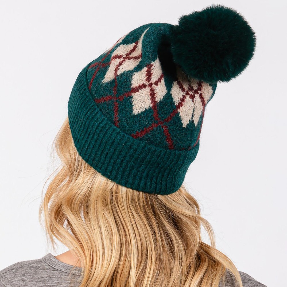 Argyle Pattern Cuffed Beanie With Faux Fur Pom - Lined Inside - One Size Fits Most - 90% Acrylic / 10% Wool view 6