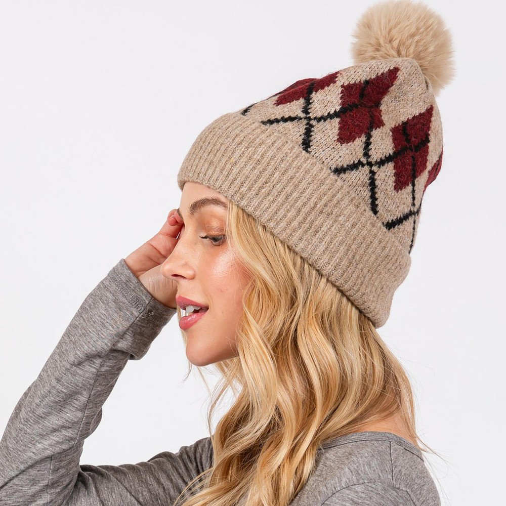 Argyle Pattern Cuffed Beanie With Faux Fur Pom - Lined Inside - One Size Fits Most - 90% Acrylic / 10% Wool view 4