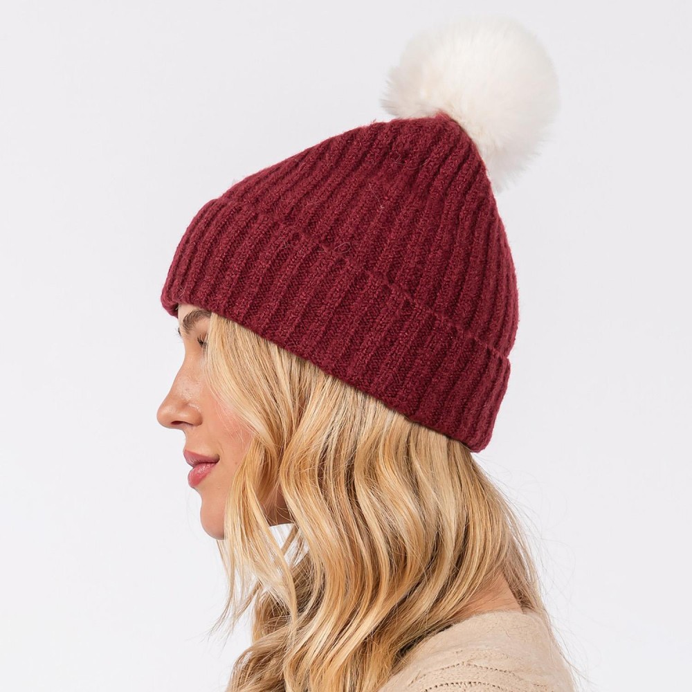 Cuffed Knit Beanie With Faux Fur Pom - One Size Fits All - 100% Polyester view 2