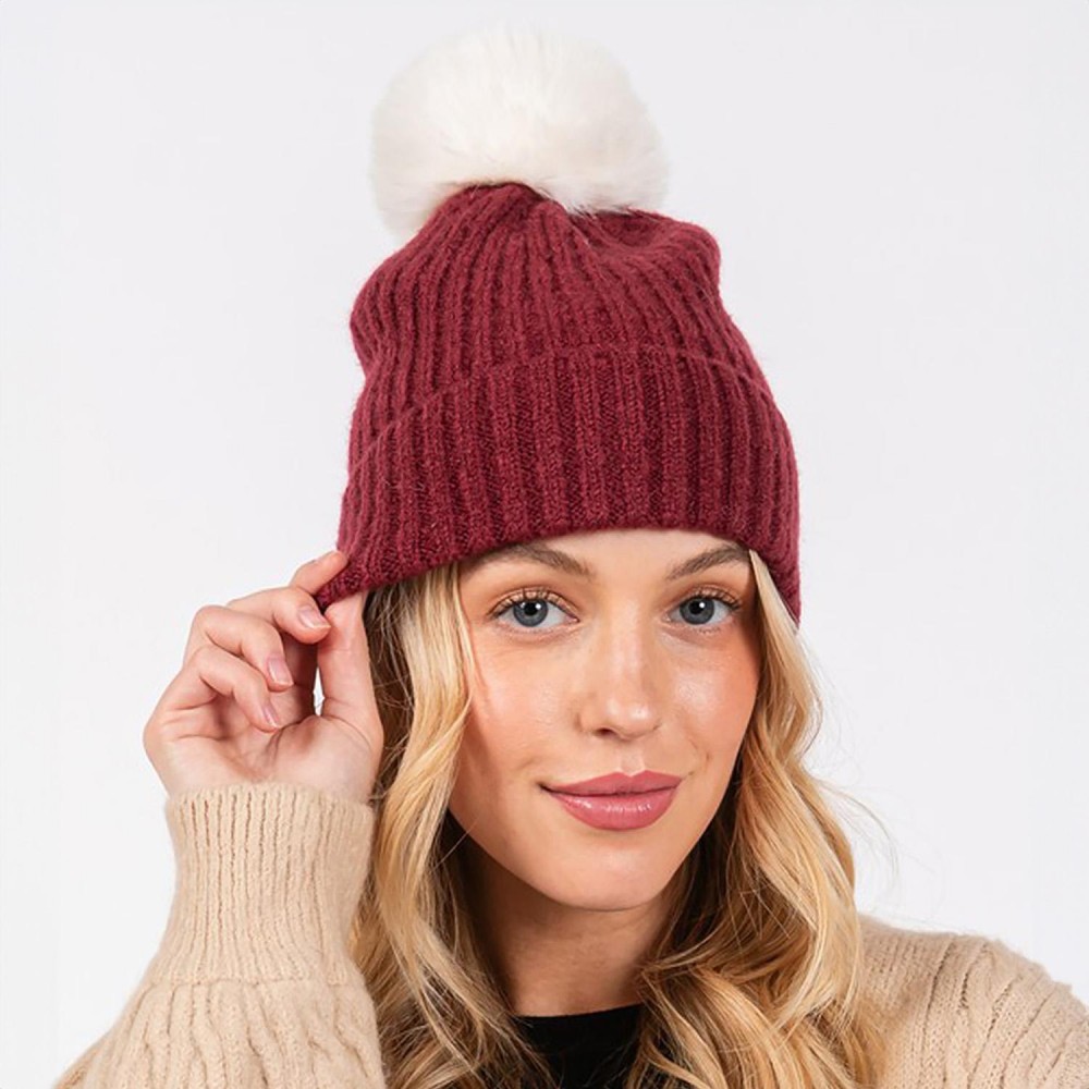 Cuffed Knit Beanie With Faux Fur Pom - One Size Fits All - 100% Polyester view 4