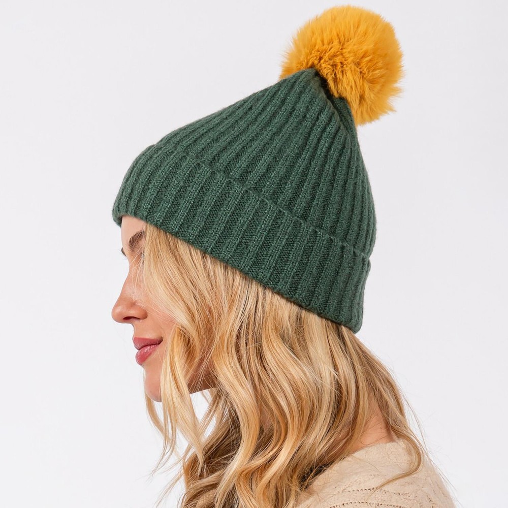 Cuffed Knit Beanie With Faux Fur Pom - One Size Fits All - 100% Polyester view 2