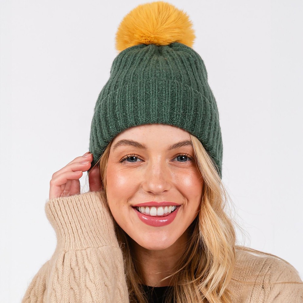 Cuffed Knit Beanie With Faux Fur Pom - One Size Fits All - 100% Polyester view 4