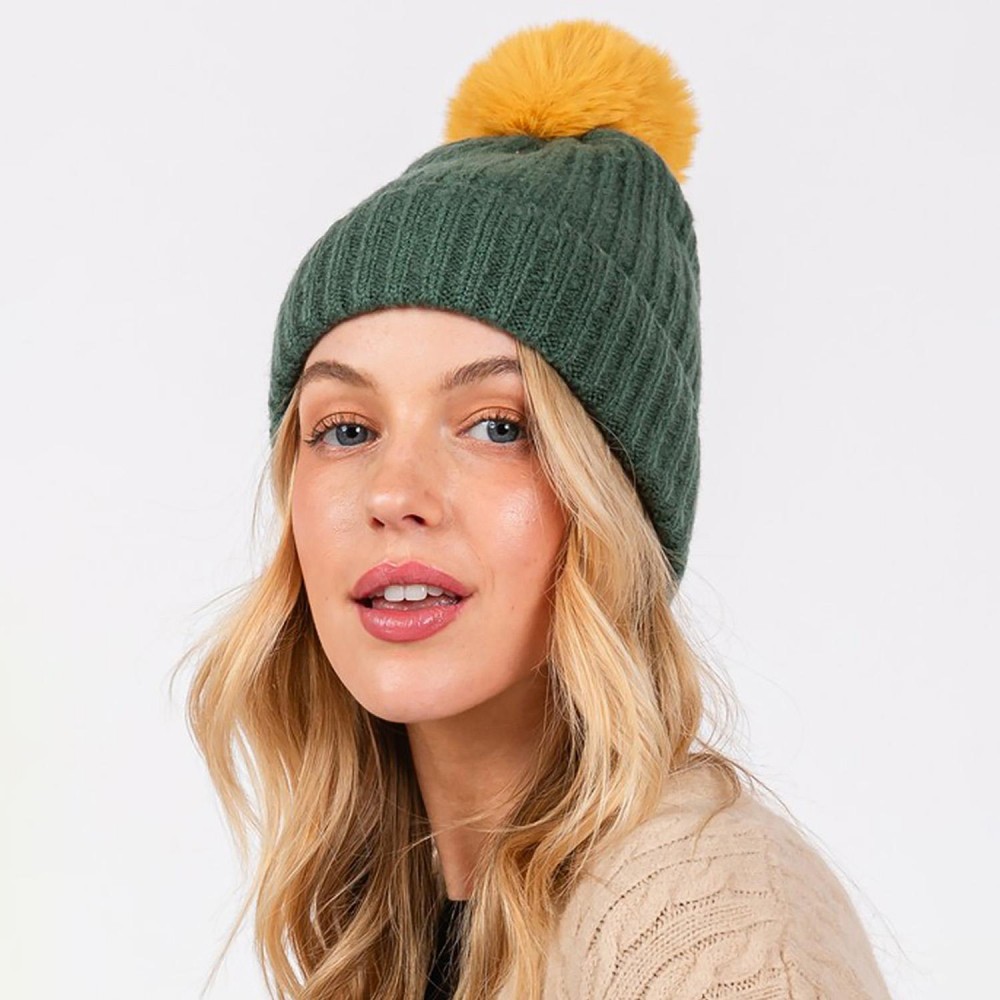 Cuffed Knit Beanie With Faux Fur Pom - One Size Fits All - 100% Polyester view 6