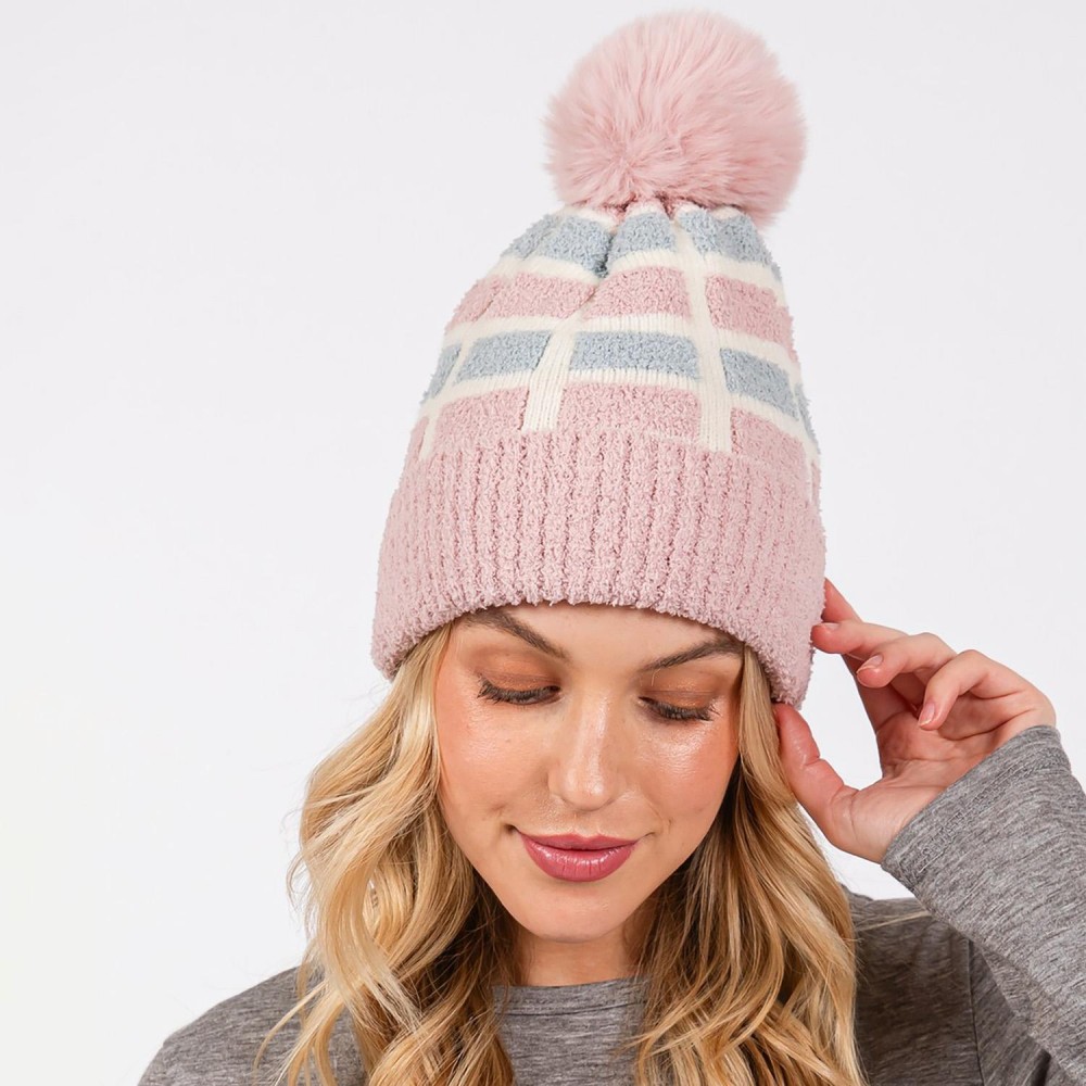 Cuffed Knit Beanie With Sherpa Block Details & Faux Fur Pom - One Size Fits All - 100% Polyester view 4