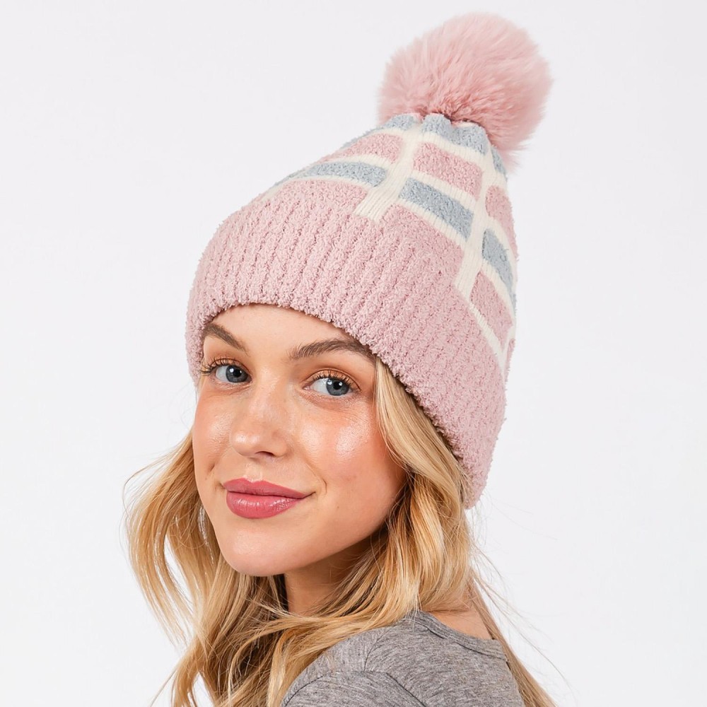 Cuffed Knit Beanie With Sherpa Block Details & Faux Fur Pom - One Size Fits All - 100% Polyester view 6