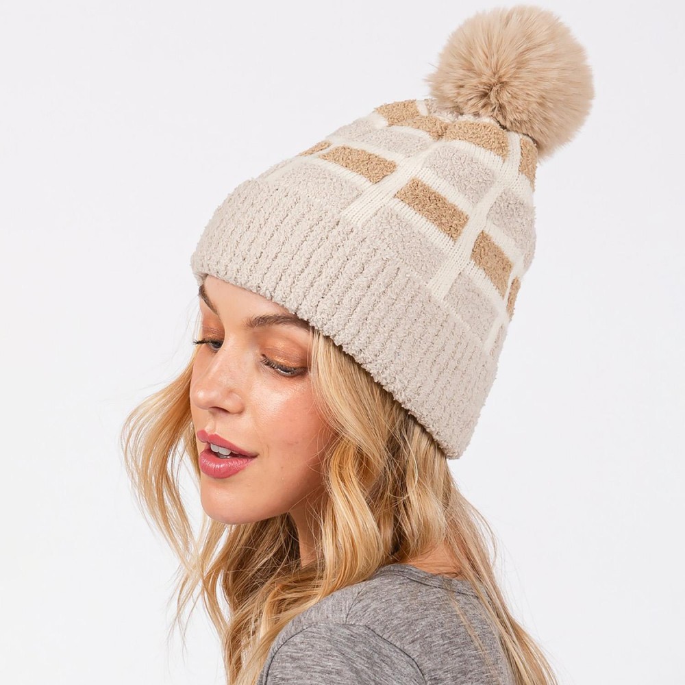 Cuffed Knit Beanie With Sherpa Block Details & Faux Fur Pom - One Size Fits All - 100% Polyester view 2