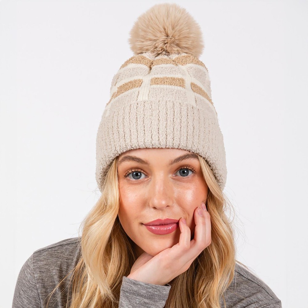 Cuffed Knit Beanie With Sherpa Block Details & Faux Fur Pom - One Size Fits All - 100% Polyester view 4