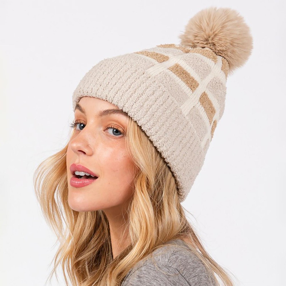 Cuffed Knit Beanie With Sherpa Block Details & Faux Fur Pom - One Size Fits All - 100% Polyester view 6