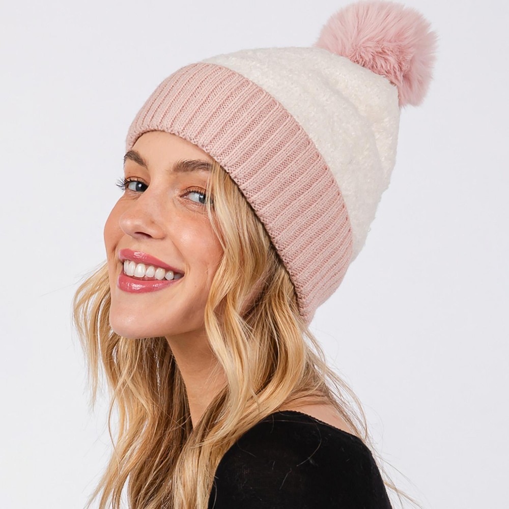 Cuffed Sherpa Beanie With Faux Fur Pom - One Size Fits All - 100% Polyester view 2