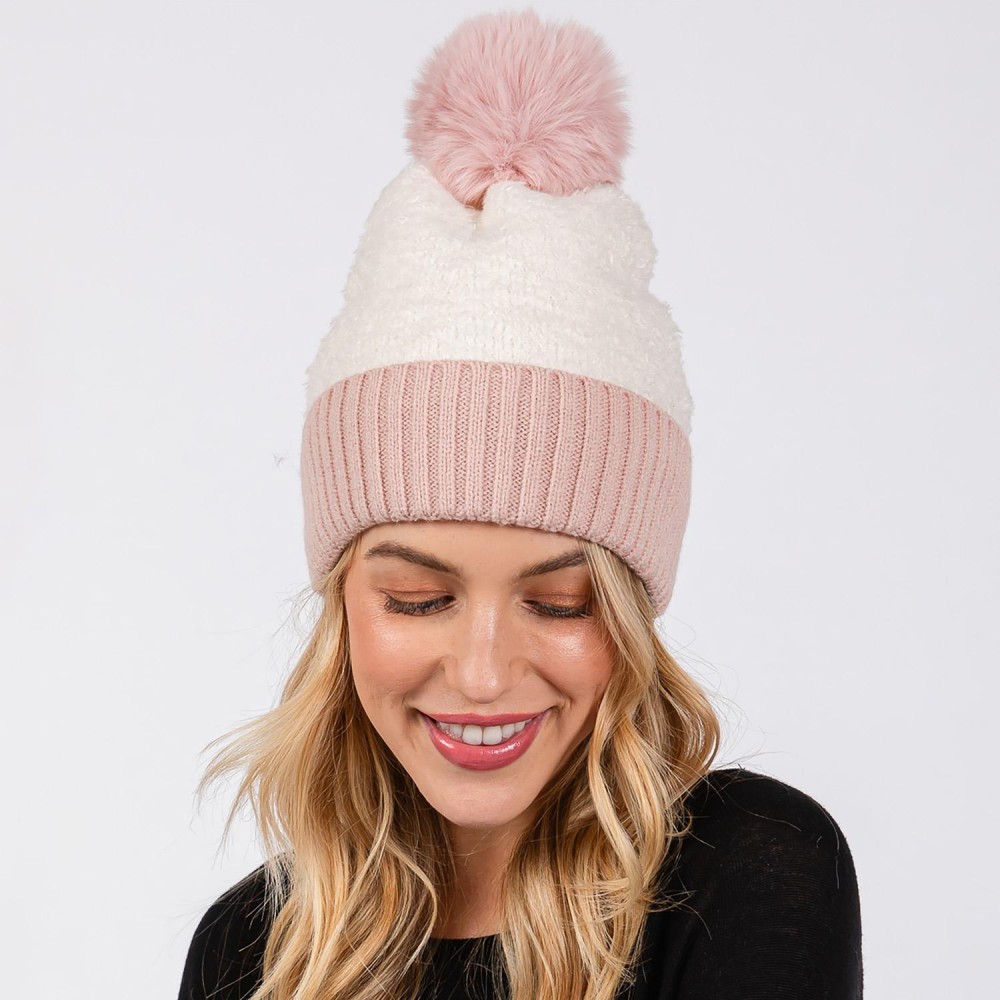 Cuffed Sherpa Beanie With Faux Fur Pom - One Size Fits All - 100% Polyester view 4