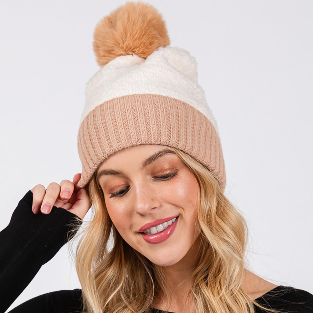 Cuffed Sherpa Beanie With Faux Fur Pom - One Size Fits All - 100% Polyester view 2