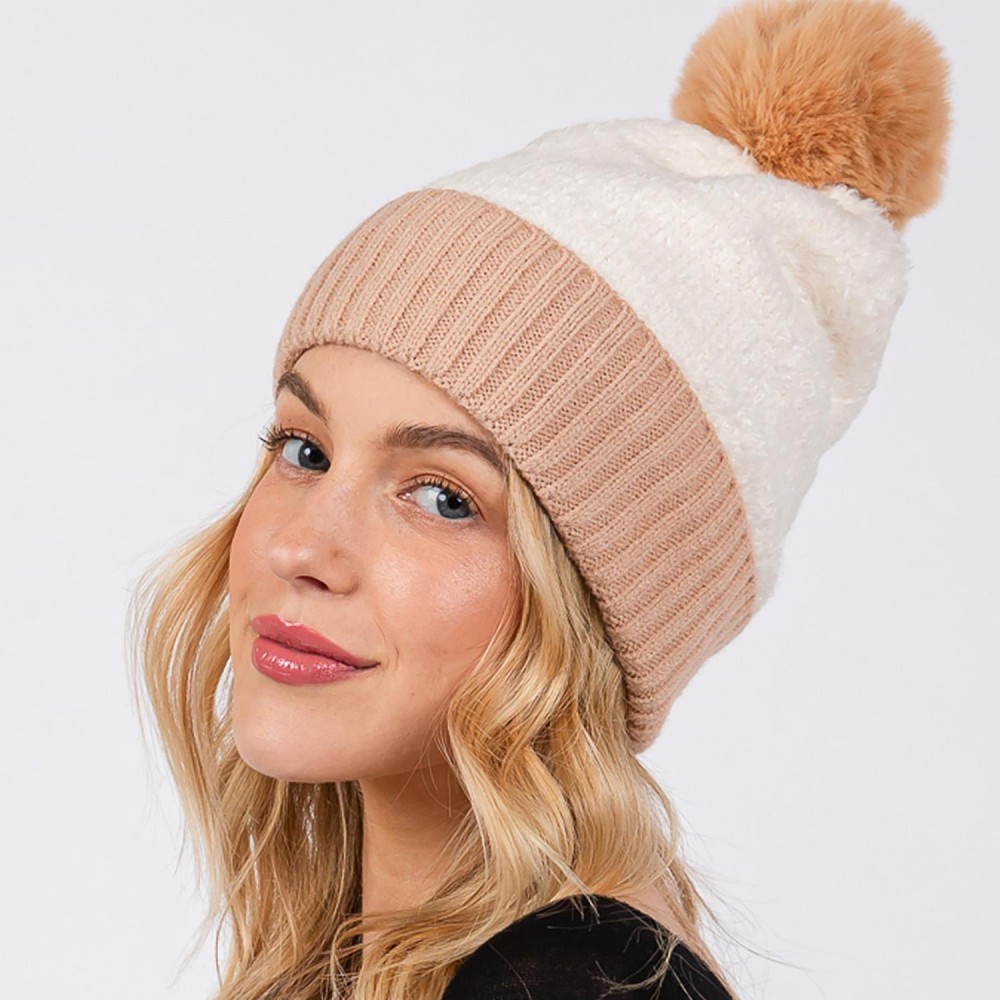 Cuffed Sherpa Beanie With Faux Fur Pom - One Size Fits All - 100% Polyester view 4