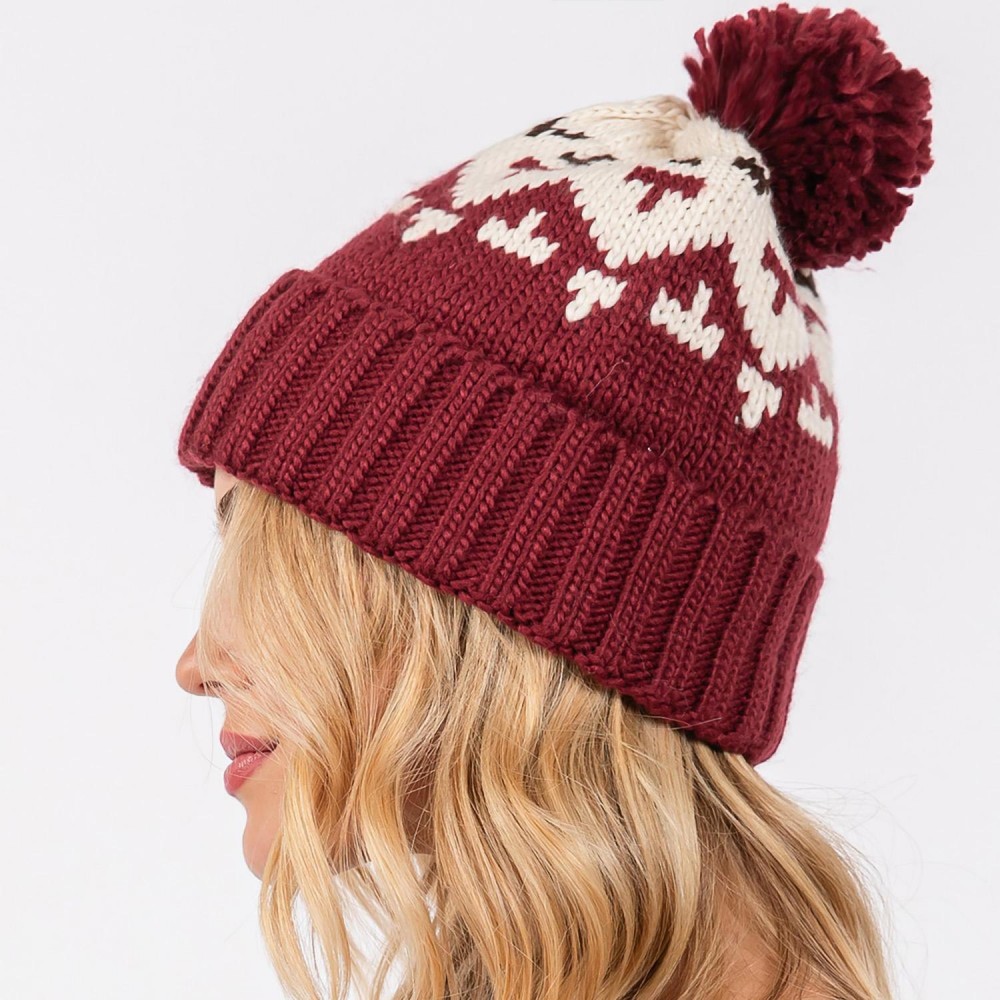 Jacquard Knit Cuff Beanie With Yarn Pom - One Size Fits Most - 100% Acrylic view 2