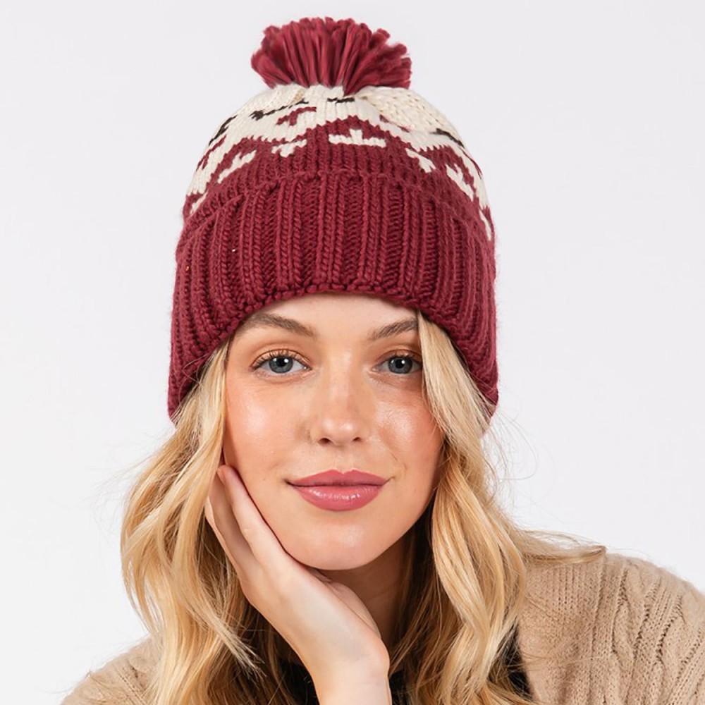 Jacquard Knit Cuff Beanie With Yarn Pom - One Size Fits Most - 100% Acrylic view 4