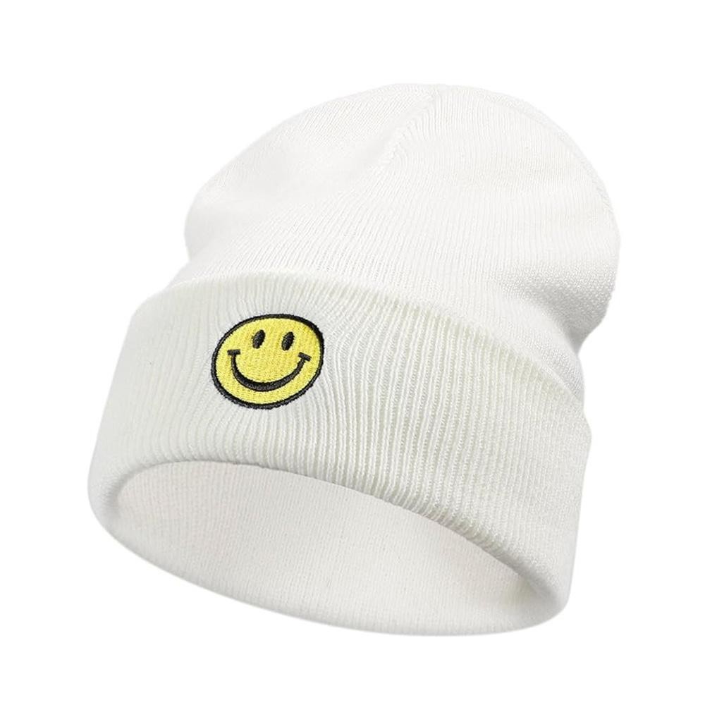 Happy Face Chenille Patch Cuffed Knit Beanie - One Size Fits Most - 100% Acrylic view 2