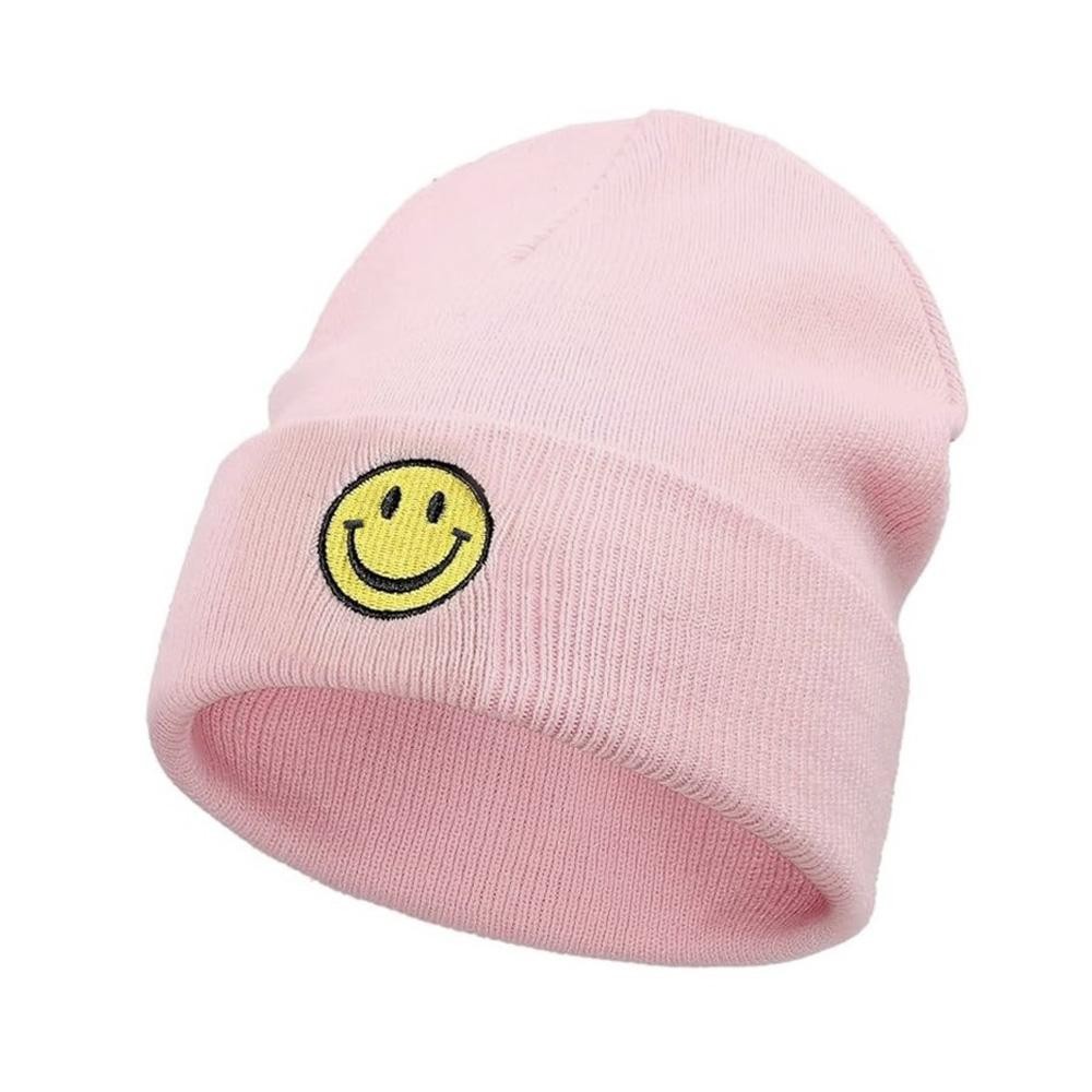 Happy Face Chenille Patch Cuffed Knit Beanie - One Size Fits Most - 100% Acrylic view 2