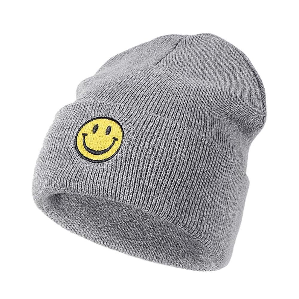 Happy Face Chenille Patch Cuffed Knit Beanie - One Size Fits Most - 100% Acrylic view 2