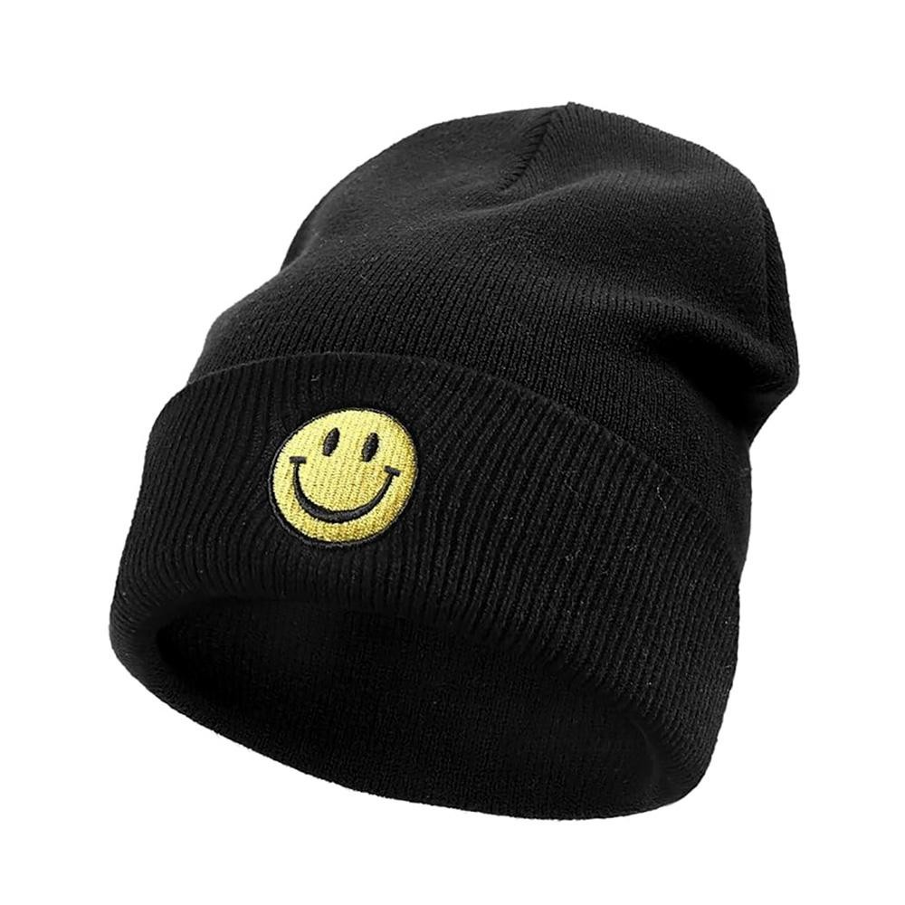 Happy Face Chenille Patch Cuffed Knit Beanie - One Size Fits Most - 100% Acrylic view 2