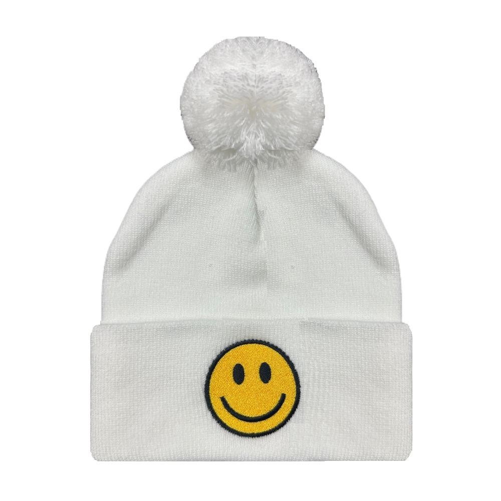 Happy Face Embroidered Knit Beanie With Yarn Pom - One Size Fits Most - 100% Acrylic view 2