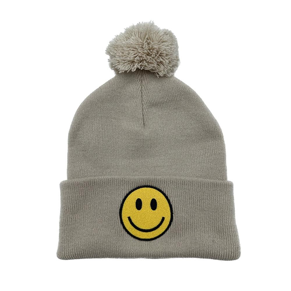 Happy Face Embroidered Knit Beanie With Yarn Pom - One Size Fits Most - 100% Acrylic view 2