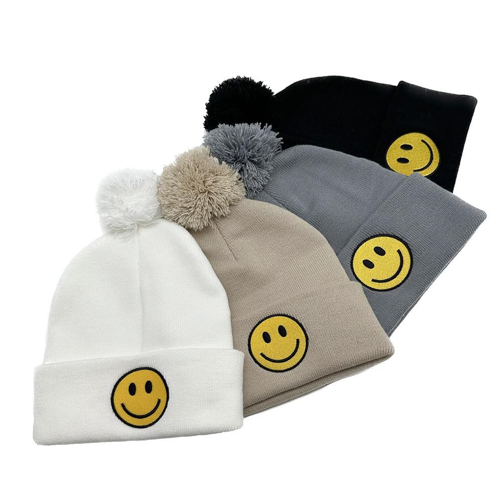 Happy Face Embroidered Knit Beanie With Yarn Pom - One Size Fits Most - 100% Acrylic view 4