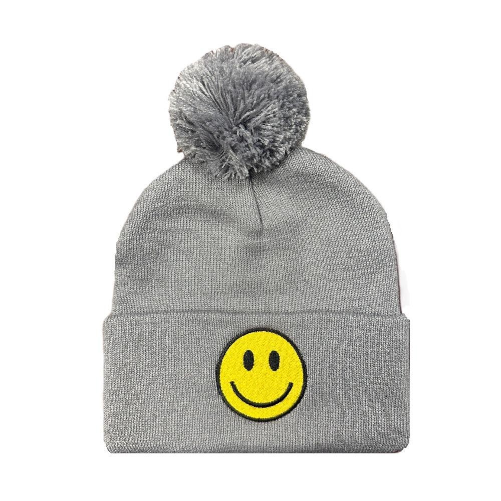 Happy Face Embroidered Knit Beanie With Yarn Pom - One Size Fits Most - 100% Acrylic view 2