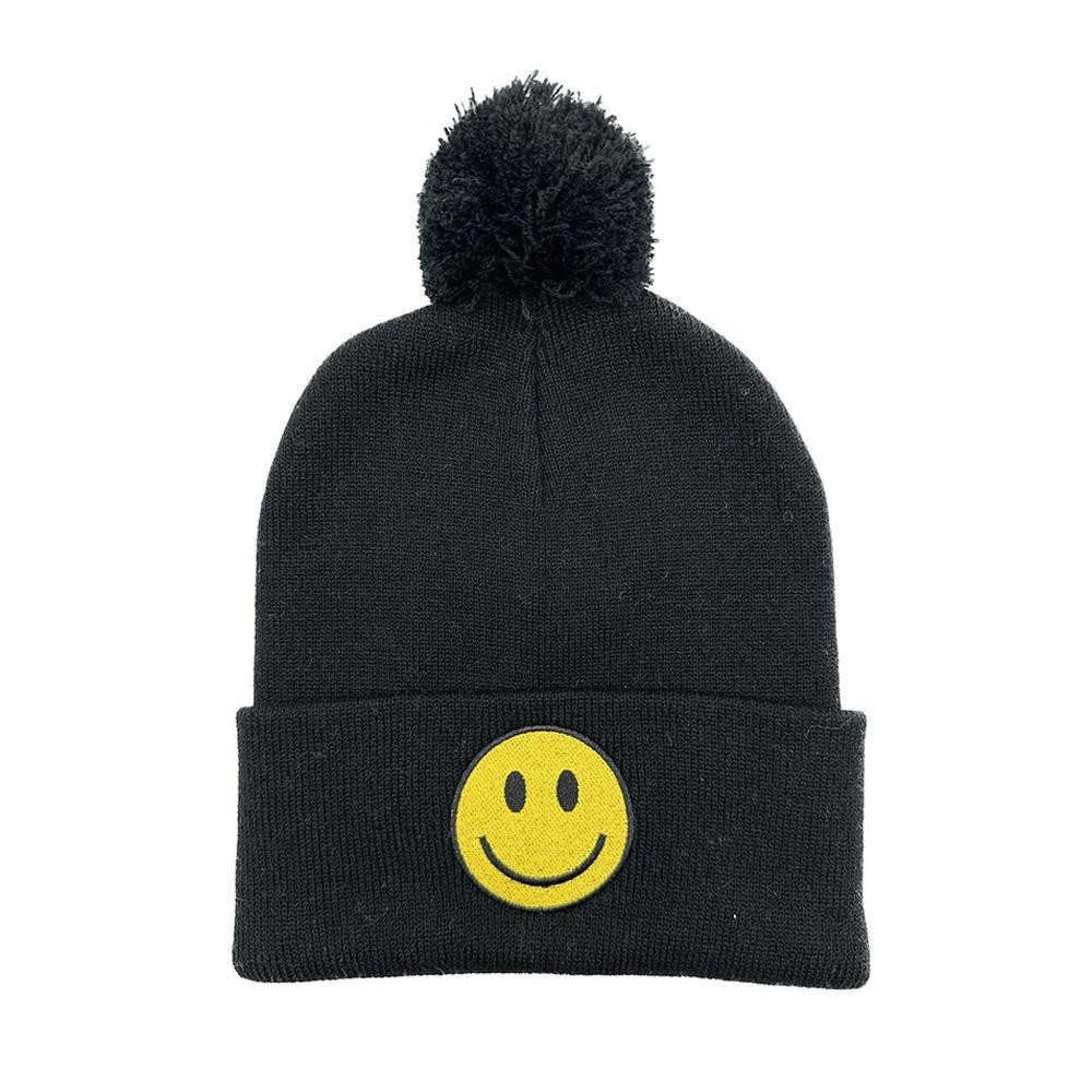 Happy Face Embroidered Knit Beanie With Yarn Pom - One Size Fits Most - 100% Acrylic view 2