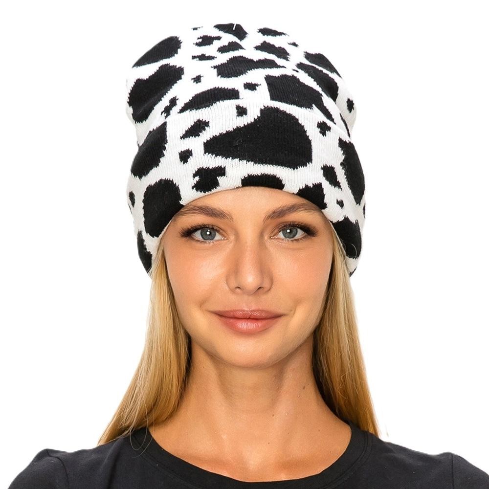 Cow Print Knit Beanie - One Size Fits Most - 100% Acrylic view 2