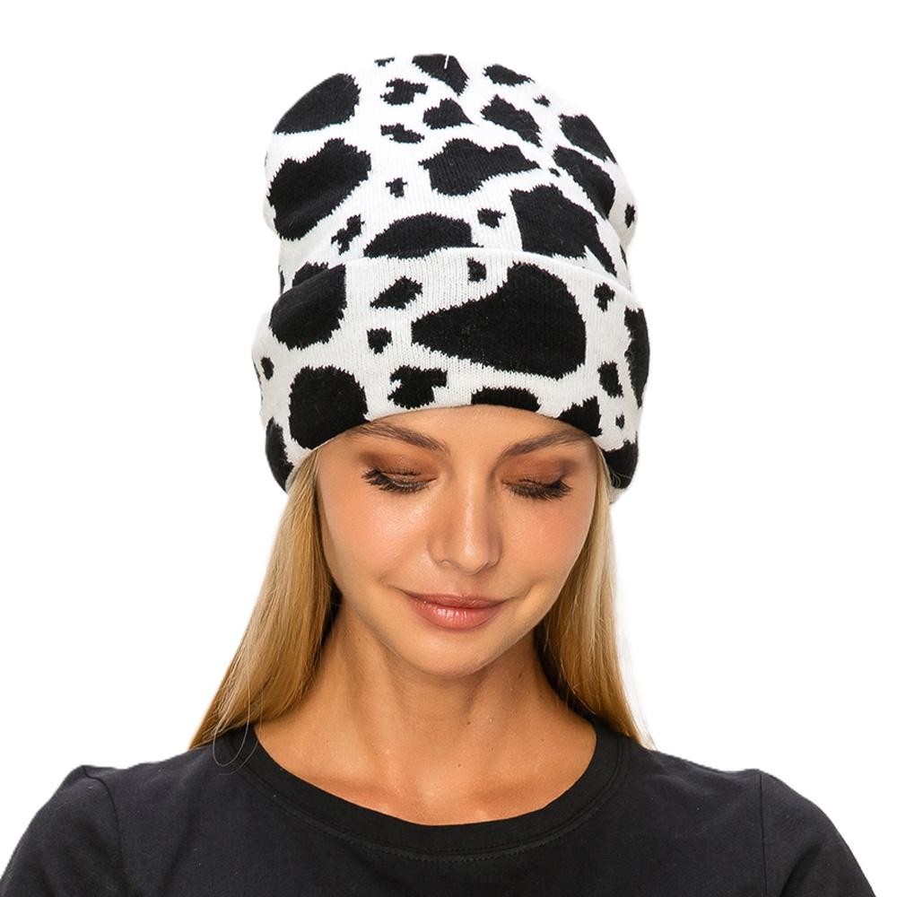 Cow Print Knit Beanie - One Size Fits Most - 100% Acrylic view 4