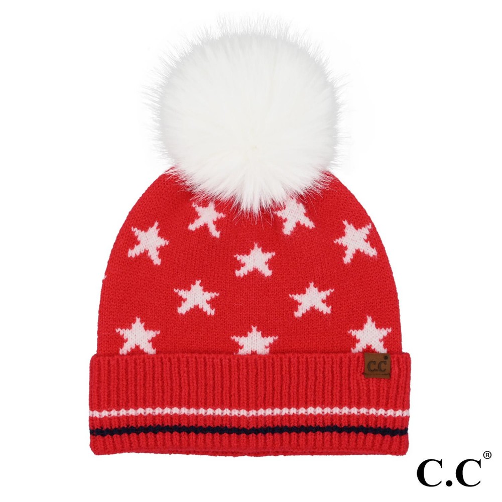 C.C HTC0120 All Over Star And Stripe Cuff Pom Beanie - One Size Fits Most - Beanie: 40% Acrylic / 30% Polyester / 30% Nylon - Pom: 100% Faux Fur view 2