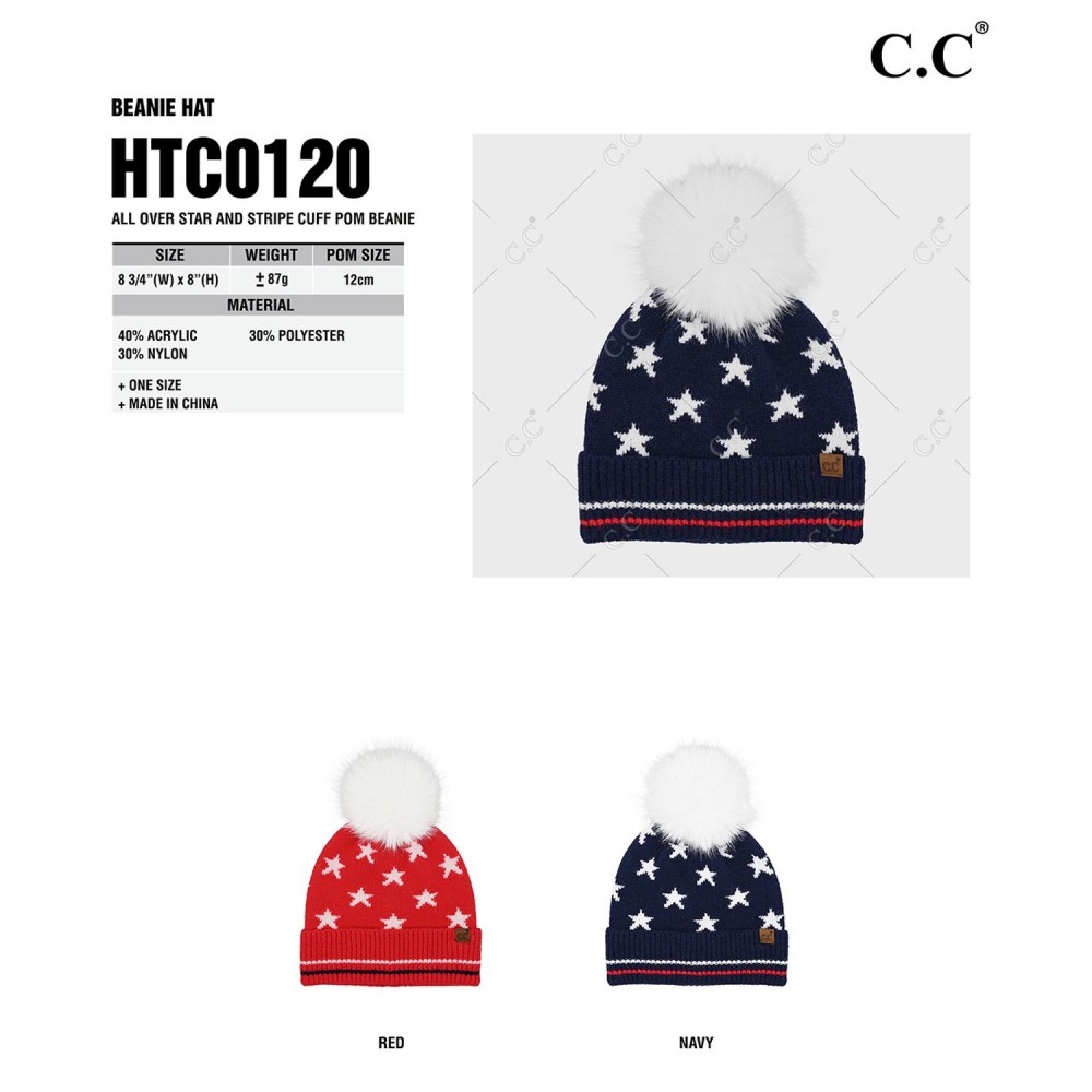 C.C HTC0120 All Over Star And Stripe Cuff Pom Beanie - One Size Fits Most - Beanie: 40% Acrylic / 30% Polyester / 30% Nylon - Pom: 100% Faux Fur view 4