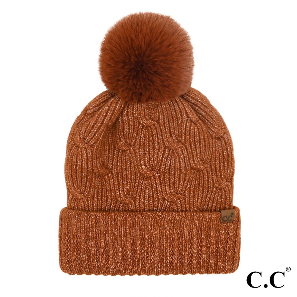 C.C HTE0102 Chain Link Knitted Pom Beanie - One Size Fits Most - 69% Polyester / 23% Acrylic / 6% Wool / 2% Spandex view 2