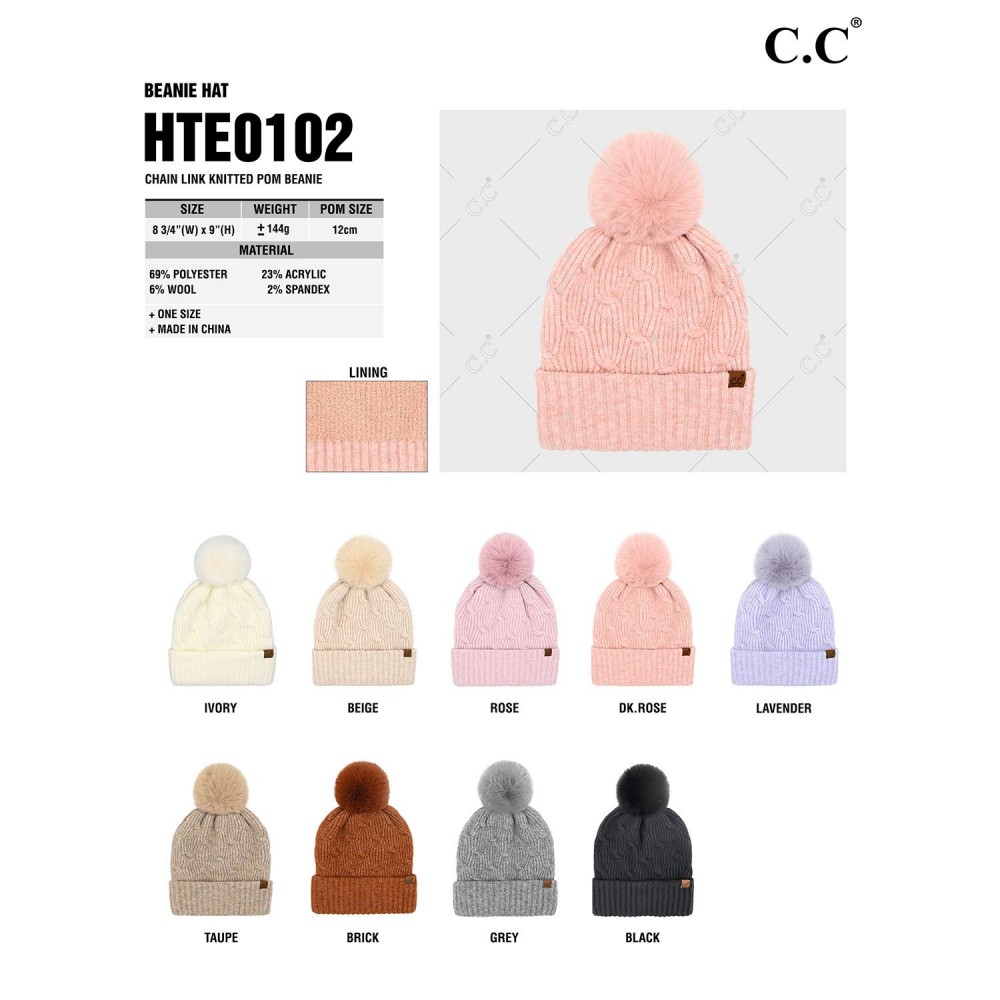 C.C HTE0102 Chain Link Knitted Pom Beanie - One Size Fits Most - 69% Polyester / 23% Acrylic / 6% Wool / 2% Spandex view 4