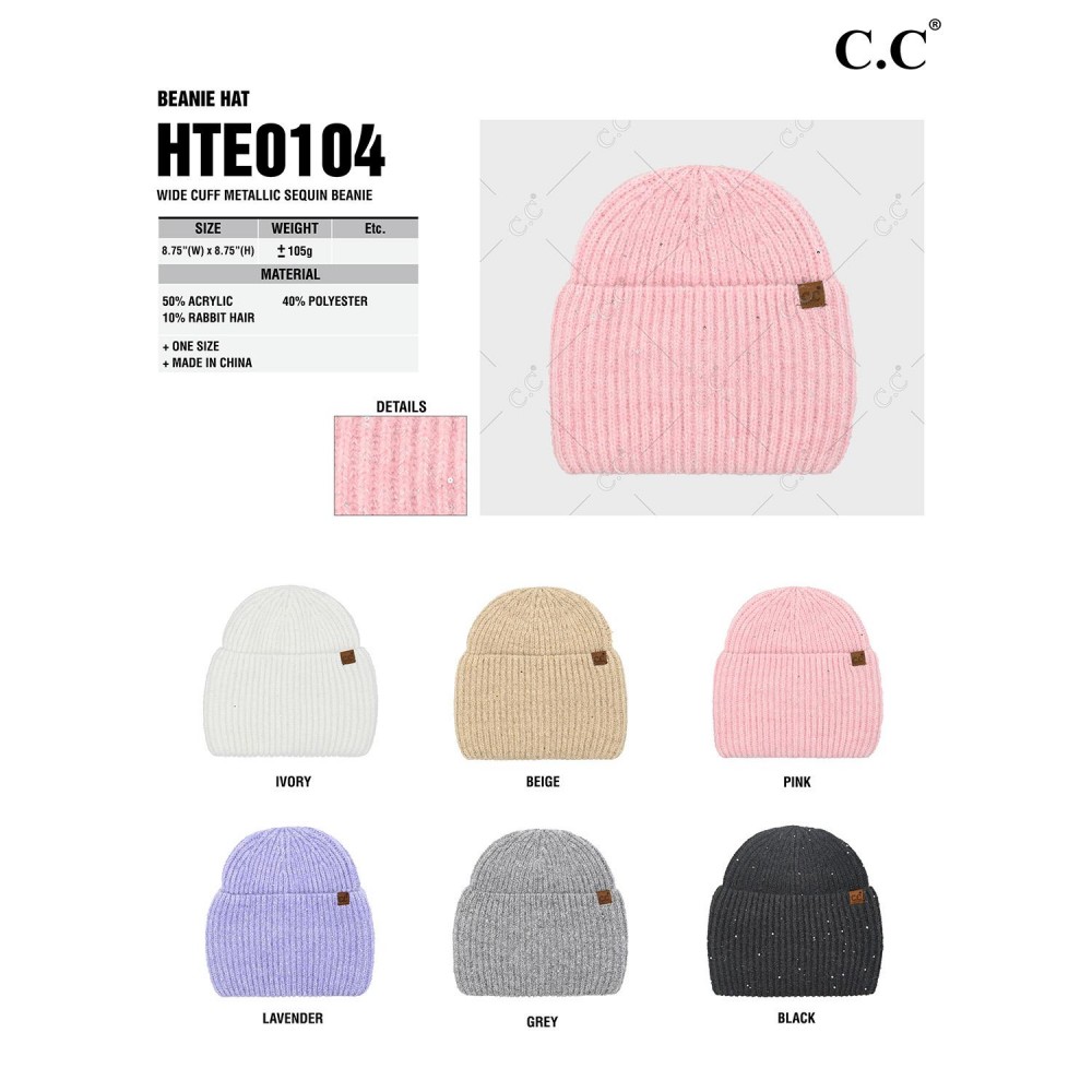 C.C HTE0104 Wide Cuff Metallic Sequin Beanie - One Size Fits Most - 50% Acrylic / 40% Polyester / 10% Rabbit Hair view 4