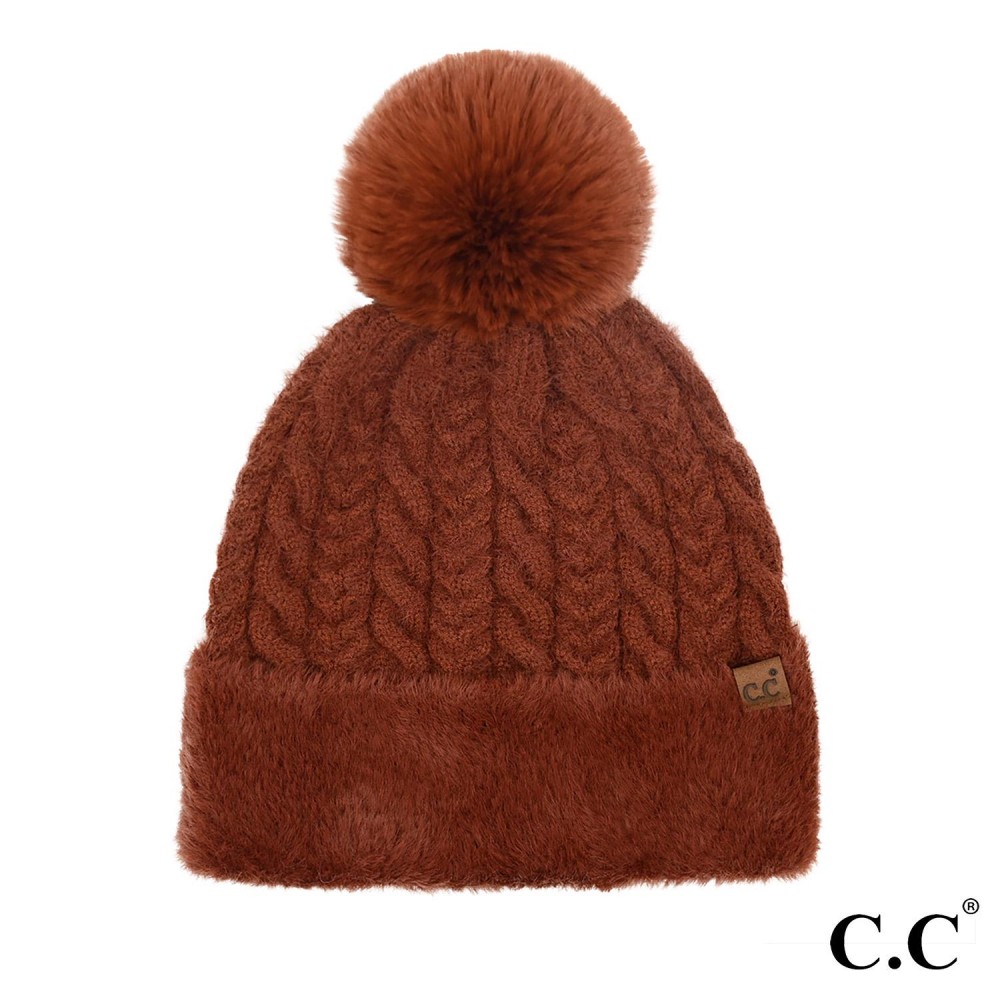 C.C HTE0107 Cable Knit Fur Cuff Pom Beanie - One Size Fits Most - 52% Acrylic / 27% Polyester / 21% Nylon - Cuff: 100% Nylon view 2