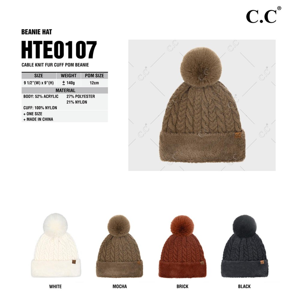 C.C HTE0107 Cable Knit Fur Cuff Pom Beanie - One Size Fits Most - 52% Acrylic / 27% Polyester / 21% Nylon - Cuff: 100% Nylon view 4