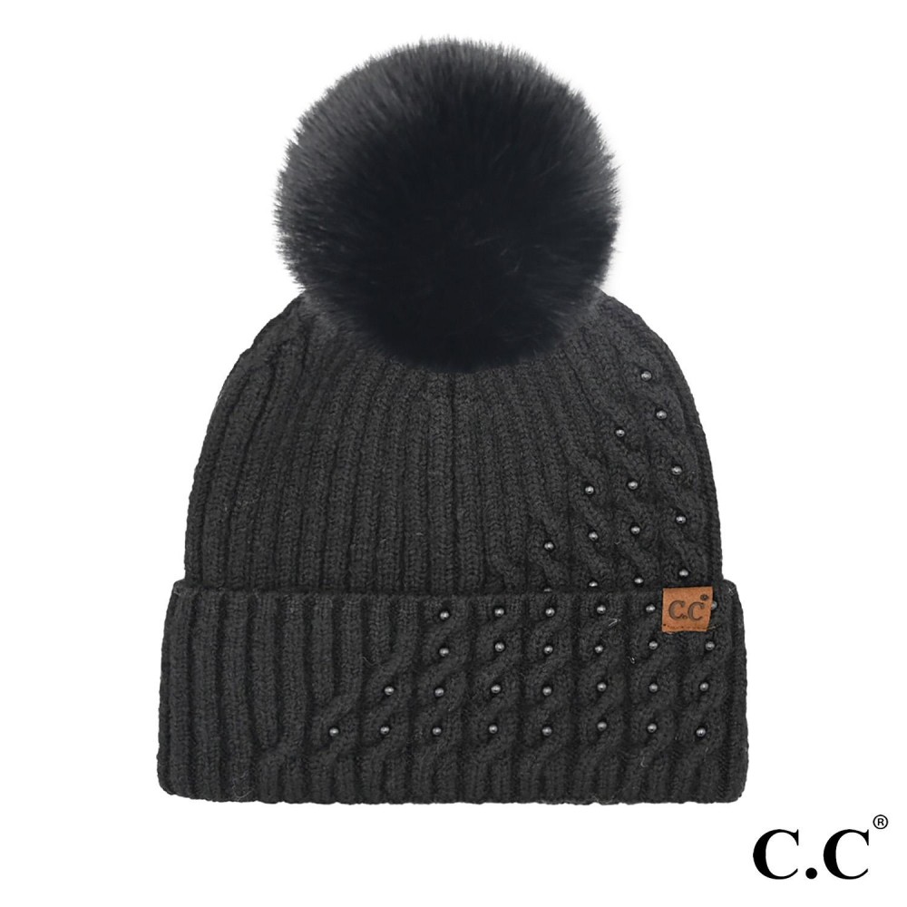 C.C HTE0112 Cable Pom Beanie With Pearl Embellishments - One Size - 40% Polyester / 35% Acrylic / 22% Recycled Polyester / 3% Spandex - Pom: 100% Faux Fur view 2