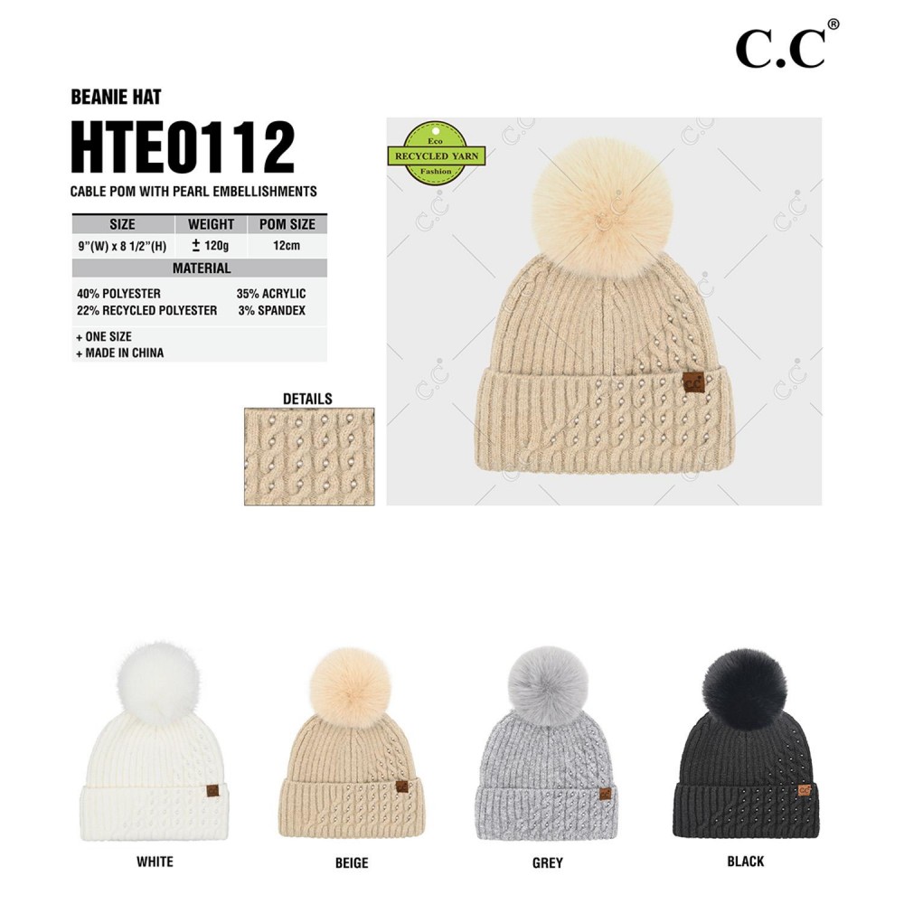 C.C HTE0112 Cable Pom Beanie With Pearl Embellishments - One Size - 40% Polyester / 35% Acrylic / 22% Recycled Polyester / 3% Spandex - Pom: 100% Faux Fur view 4