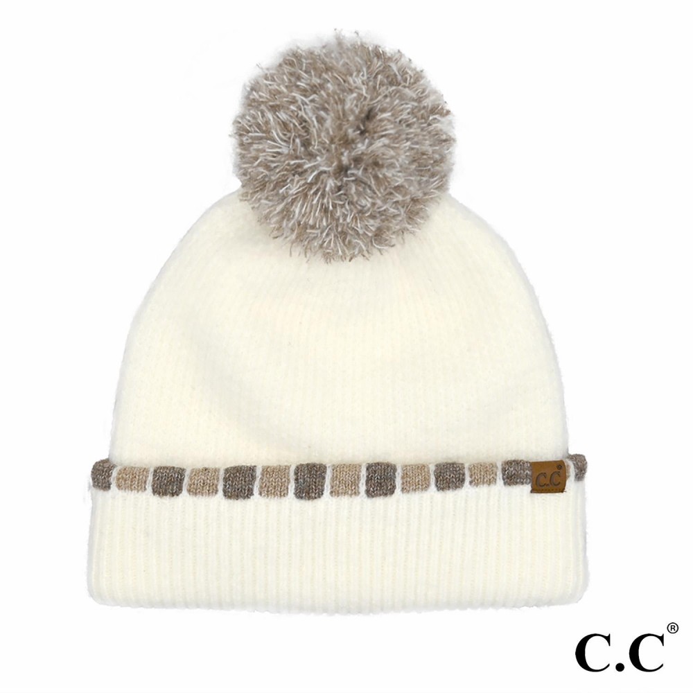 C.C HTE0121 Neutral Horizontal Stripe Cuffed Pom Beanie - 69% Polyester / 23% Acrylic / 6% Wool / 2% Spandex - One Size Fits Most view 2
