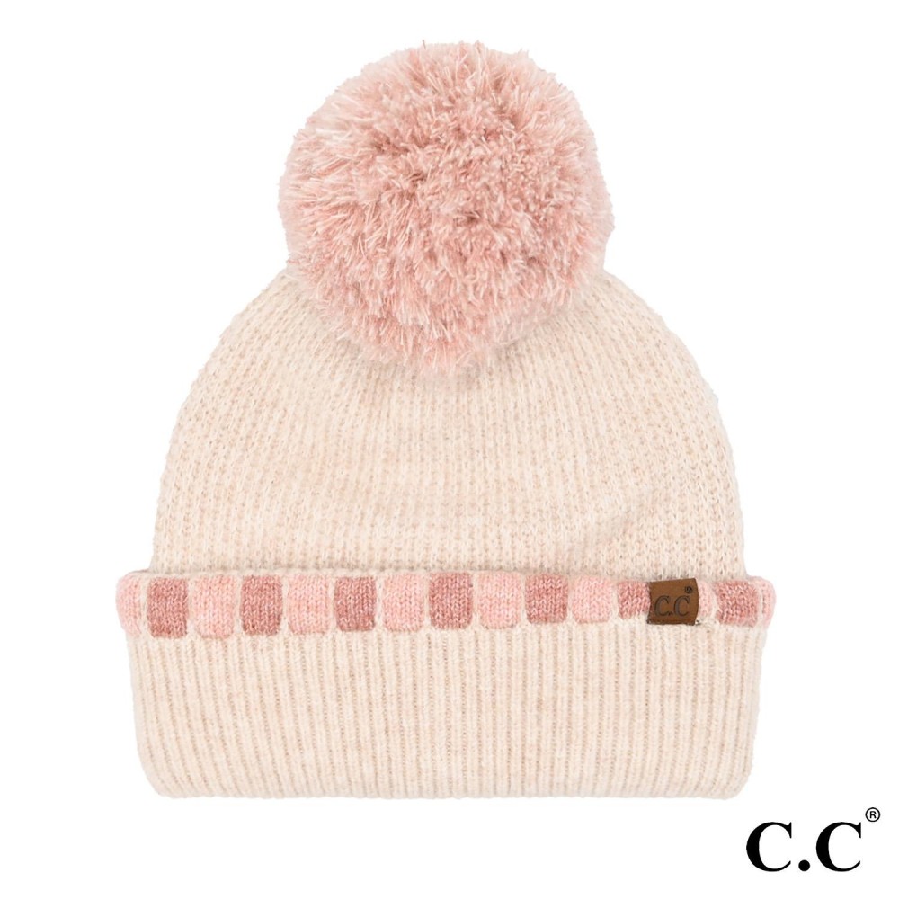 C.C HTE0121 Neutral Horizontal Stripe Cuffed Pom Beanie - 69% Polyester / 23% Acrylic / 6% Wool / 2% Spandex - One Size Fits Most view 2