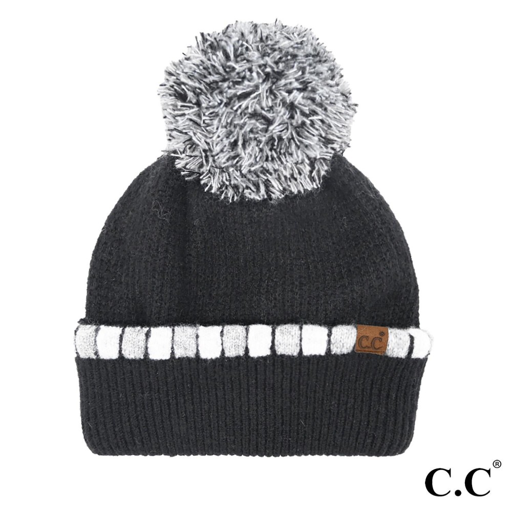 C.C HTE0121 Neutral Horizontal Stripe Cuffed Pom Beanie - 69% Polyester / 23% Acrylic / 6% Wool / 2% Spandex - One Size Fits Most view 2