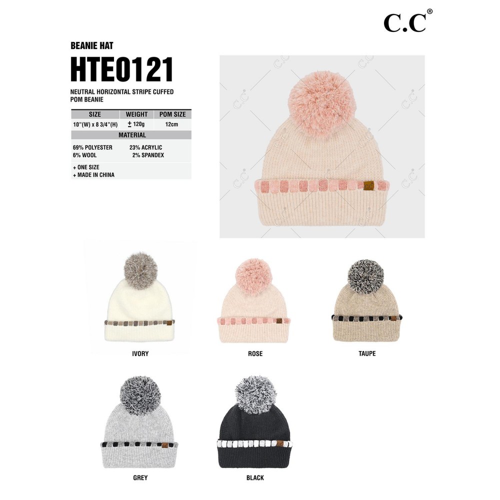 C.C HTE0121 Neutral Horizontal Stripe Cuffed Pom Beanie - 69% Polyester / 23% Acrylic / 6% Wool / 2% Spandex - One Size Fits Most view 4