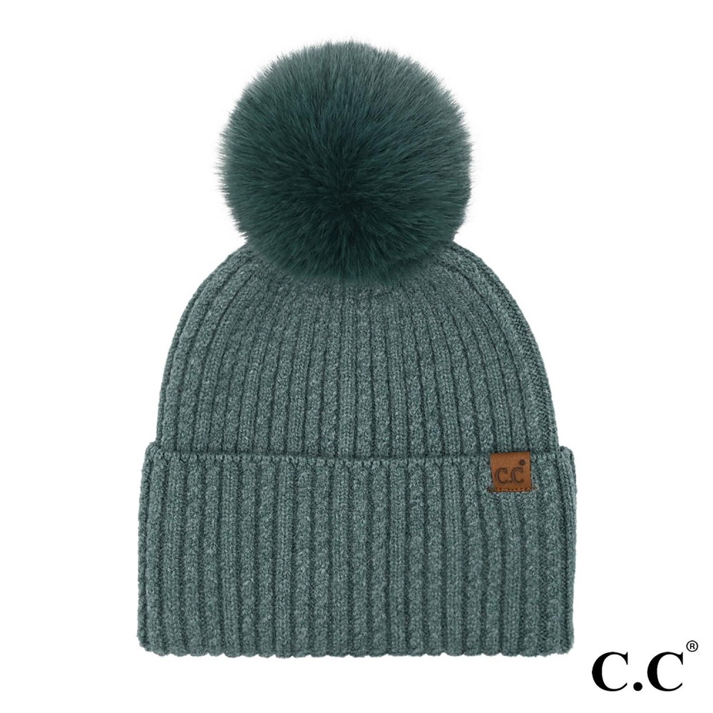 C.C HTE0122 Cable Cuff Pom Beanie - One Size Fits Most - 47% Rayon / 31% Polyester / 22% Nylon view 2