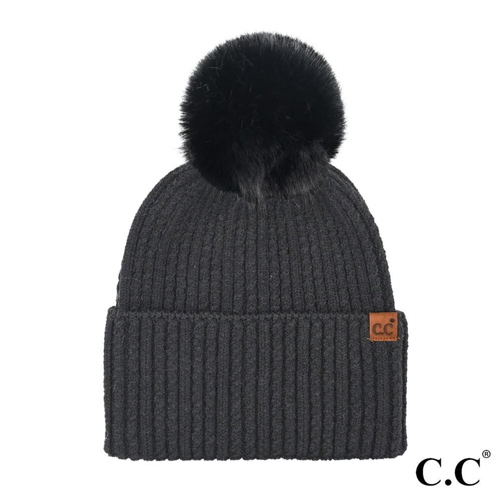 C.C HTE0122 Cable Cuff Pom Beanie - One Size Fits Most - 47% Rayon / 31% Polyester / 22% Nylon view 2