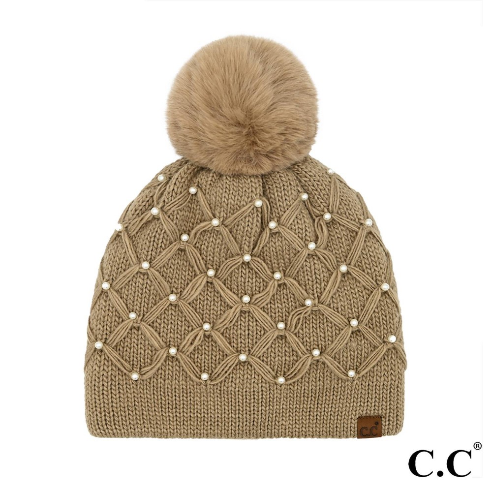 C.C HTE0128 All Over Pearl Crochet Pom Beanie - One Size - Fuzzy Lined Beanie - 100% Acrylic - Pom: 100% Faux Fur view 2