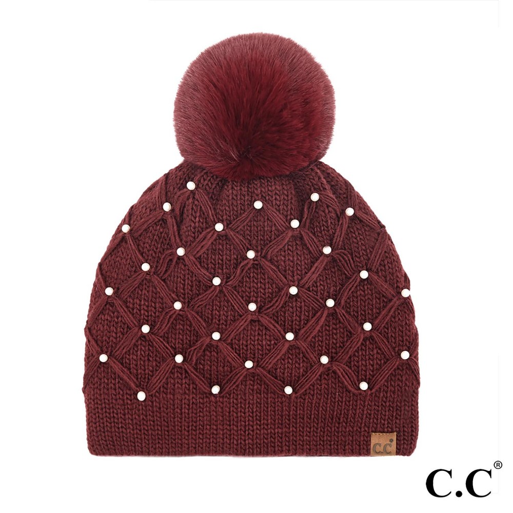 C.C HTE0128 All Over Pearl Crochet Pom Beanie - One Size - Fuzzy Lined Beanie - 100% Acrylic - Pom: 100% Faux Fur view 2