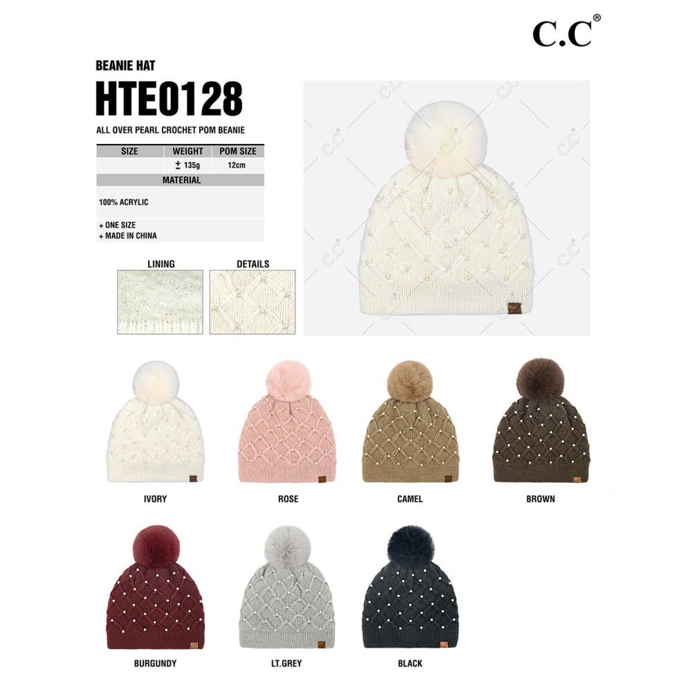 C.C HTE0128 All Over Pearl Crochet Pom Beanie - One Size - Fuzzy Lined Beanie - 100% Acrylic - Pom: 100% Faux Fur view 4