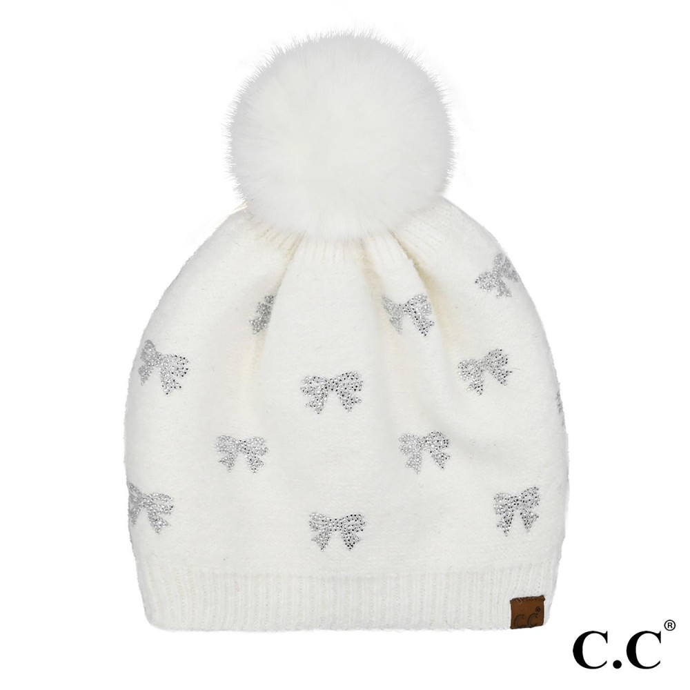 C.C HTE0136 Allover Rhinestone Mini Bow Pom Beanie - One Size Fits Most - Lined Inside - 65% Recycled Polyester / 13% Nylon / 13% Acrylic / 6% Wool / 3% Spandex - 100% Faux Fur Pom view 2